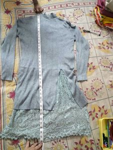 winter frendely Grey Dress with Lace Detail