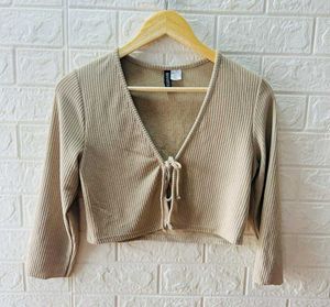 H&amp;m Ribbed Tie-Front Cropped Cardigan