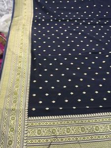 Elegant Navy Blue Saree with White Polka Dots