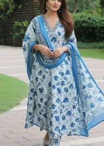 Blue Floral Print Kurta Set with Dupatta
