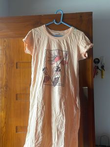 Peach Floral Print T-Shirt Dress with POCKETS