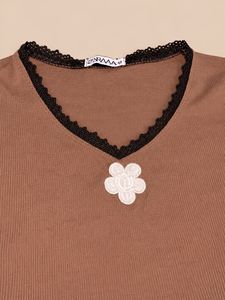 Brown V-Neck Lace Trim T-Shirt