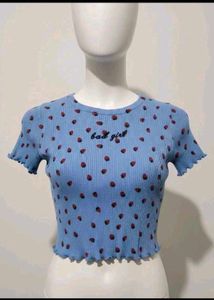 Baby Blue Ribbed Strawberry Top (Women's)