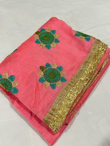 Pink Embroidered Saree with Gold Border