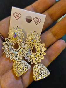 Gold Jhumka Earrings with Rhinestones