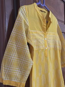 Yellow Paisley Print Kurti - Prined With Sequins