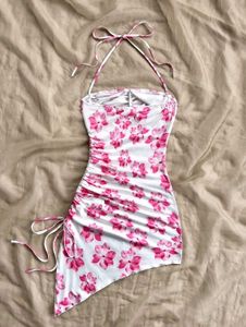 Floral Pink Ruched Halter Neck Mini Dress