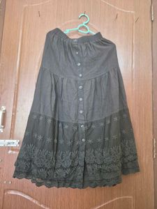 Black Boho Embroidered Lace Tiered Midi Skirt