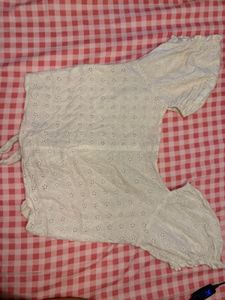 White Eyelet Tie-Front Puff Sleeve Top
