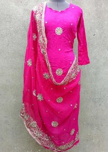 Vibrant Pink Embroidered Kurta Set with Dupatta
