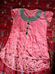 Pink floral jeans top L-XL size