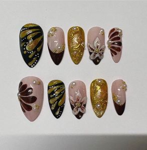 Press On Nails with Pearl &amp; Flower Design
