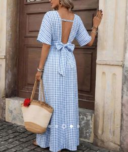 Blue Gingham Maxi Dress with Back Tie
