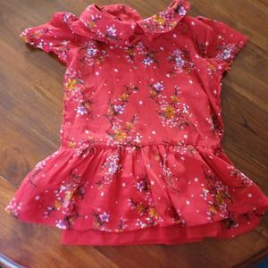 Cute Floral Print Girls Red Peplum Chiffom Top
