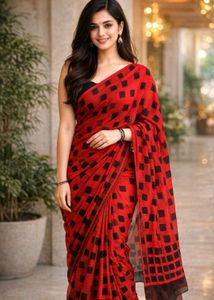 Vibrant Red Saree with Black Diamond Print