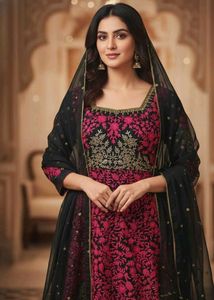 Elegant Pink &amp; Black Embroidered Suit