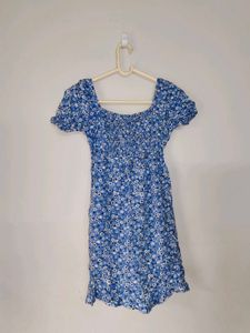 Blue Floral Print Puff Sleeve Mini Dress