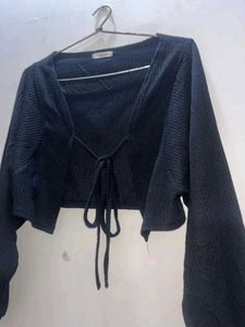 Black Ribbed Cropped Tie-Back Top