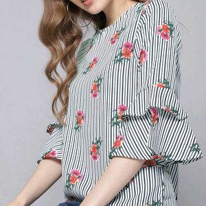 Striped Floral Bell Sleeve Top
