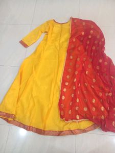 Yellow Kurta Set with Red Dupatta