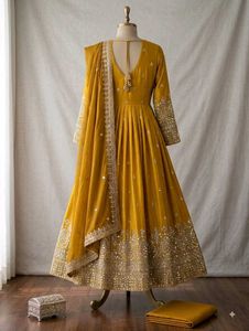 Exquisite Yellow Embroidered  gawn Set