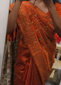 Orange Striped Saree with Embellishments