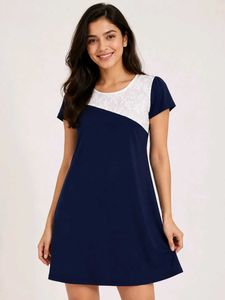Navy Blue Dress with White Lace Accent