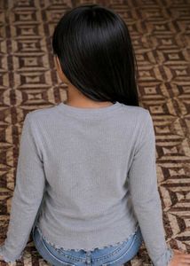Grey Long Sleeve Top with Ruffle Hem