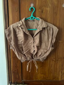 Brown Cropped Button-Up Shirt