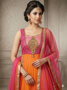 Stunning Orange &amp; Pink Anarkali Lehenga Choli