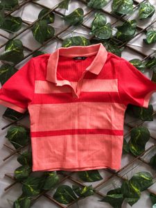 Striped Polo Collar Crop Top