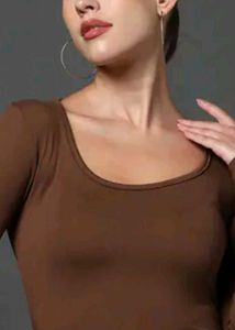 Brown Scoop Neck Long Sleeve Crop Top