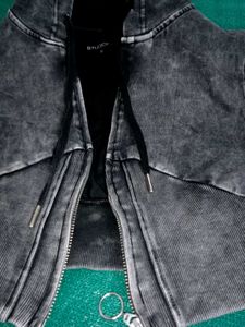Gray Washed Cropped Zip-Up Hoodie
