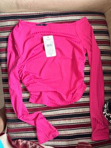 SHEIN Pink blue Ribbed Long Sleeve Top