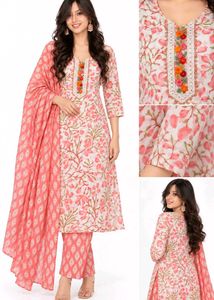 Chic Floral Print Kurta Set with Dupatta(unstitche