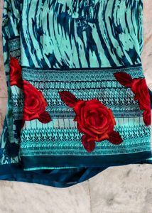 Beautiful Teal & Red Rose Print Saree