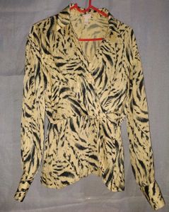 Yellow Black Satin Tiger Animal Print Blouse H&M