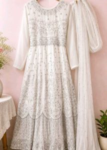 Elegant White Embroidered Gown with Dupatta