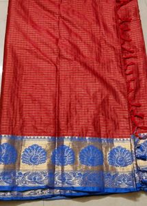 Elegant Red Silk Saree with Blue Border