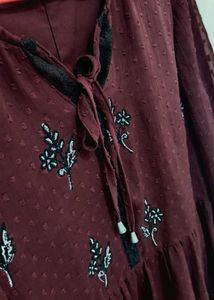 Antheaa burgundy Embroidered Swiss Dot Top - XS
