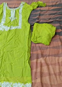 Bright Green Kurta Set with White Embroidery