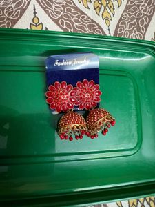 Red Jhumka & Stud Earrings Set