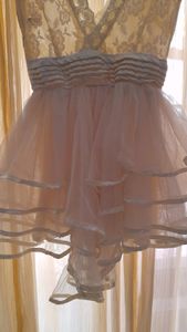 Ivory Lace bodice short dress with trail hem