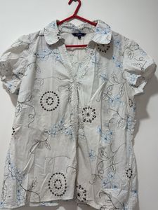 White Embroidery Floral Print Shirt