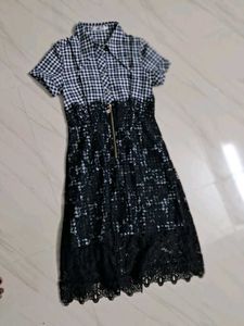 Chic Black & White Gingham Lace Dress