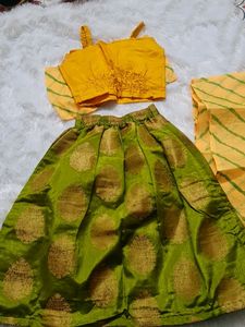 9-12m Kids Silk Lehenga - Green Yeklow