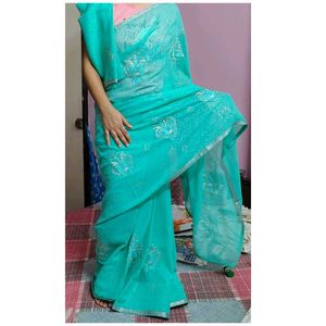 Elegant Turquoise Embroidered Saree