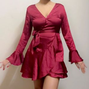 Shein Wine Satin Ruffle Wrap Party Dress