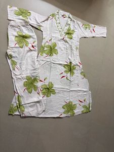 Beautiful White Kurti with Green Floral Print &amp; Mi