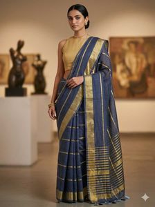Elegant Blue & Gold Striped Saree